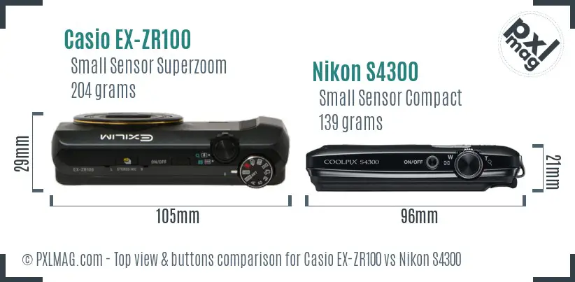 Casio EX-ZR100 vs Nikon S4300 top view buttons comparison Casio EX-ZR100 vs Nikon S4300 top view buttons comparison