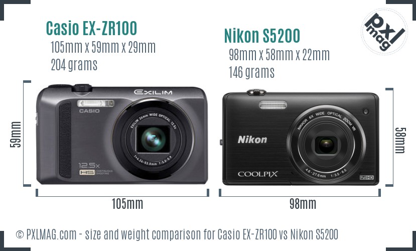 Casio EX-ZR100 vs Nikon S5200 size comparison
