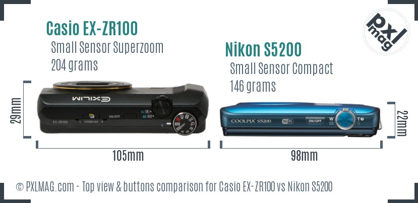 Casio EX-ZR100 vs Nikon S5200 top view buttons comparison