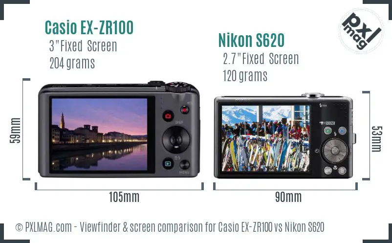 Casio EX-ZR100 vs Nikon S620 Screen and Viewfinder comparison