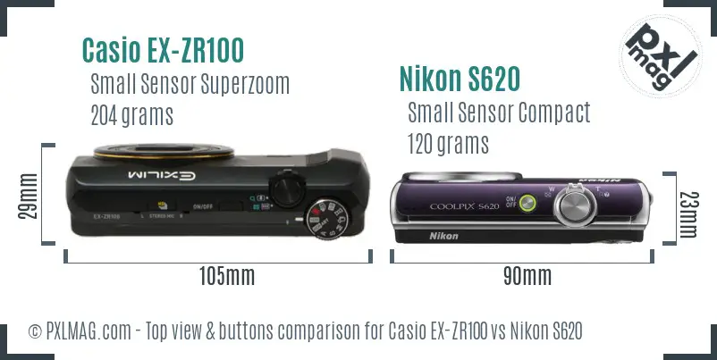 Casio EX-ZR100 vs Nikon S620 top view buttons comparison