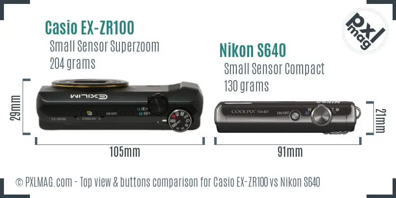 Casio EX-ZR100 vs Nikon S640 top view buttons comparison Casio EX-ZR100 vs Nikon S640 top view buttons comparison