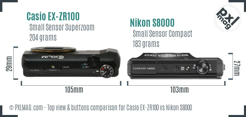Casio EX-ZR100 vs Nikon S8000 top view buttons comparison