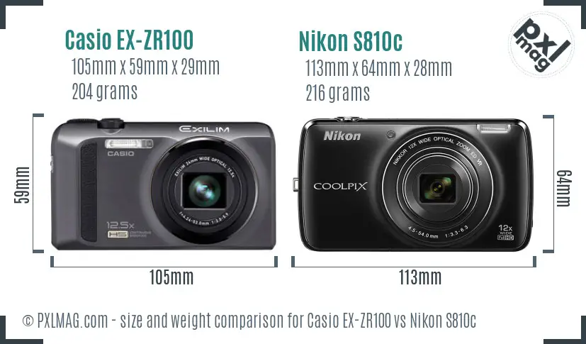 Casio EX-ZR100 vs Nikon S810c size comparison