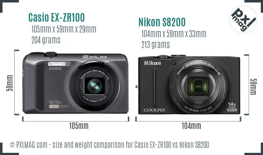 Casio EX-ZR100 vs Nikon S8200 size comparison