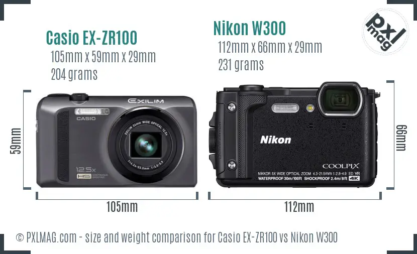 Casio EX-ZR100 vs Nikon W300 size comparison