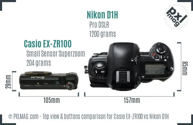 Casio EX-ZR100 vs Nikon D1H top view buttons comparison