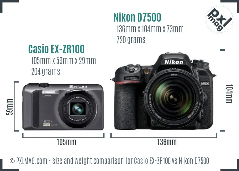 Casio EX-ZR100 vs Nikon D7500 size comparison