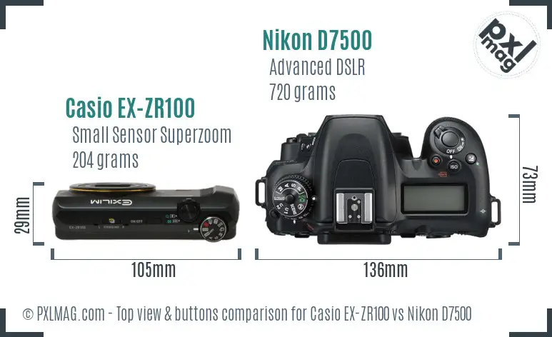 Casio EX-ZR100 vs Nikon D7500 top view buttons comparison
