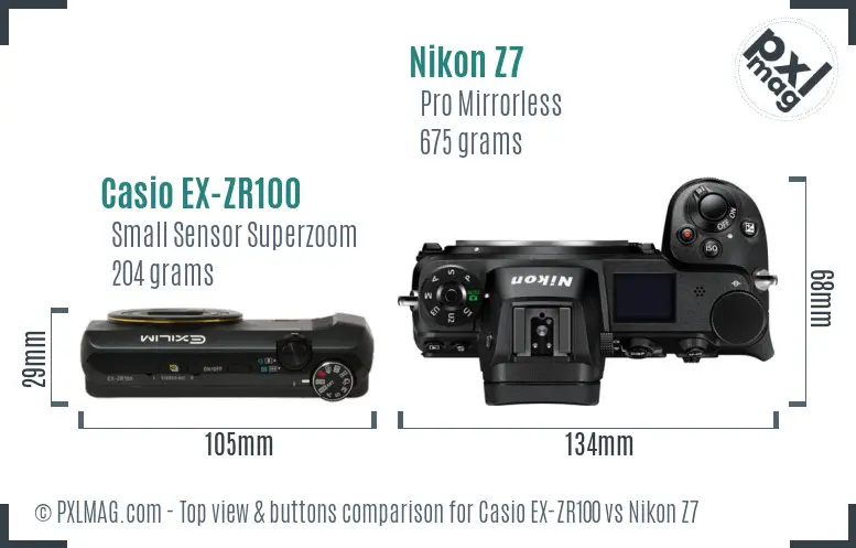 Casio EX-ZR100 vs Nikon Z7 top view buttons comparison