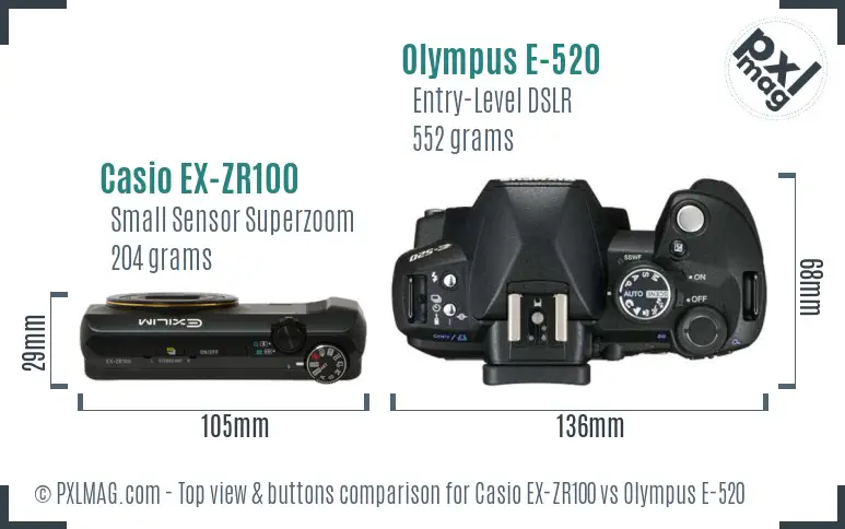 Casio EX-ZR100 vs Olympus E-520 top view buttons comparison