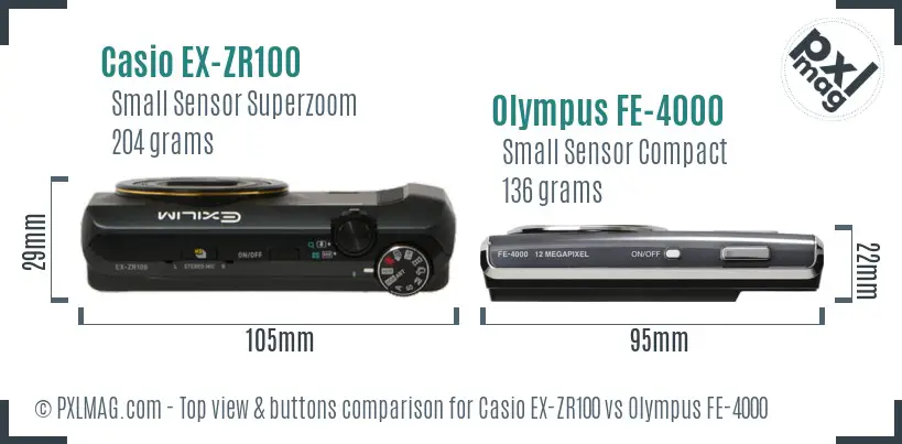 Casio EX-ZR100 vs Olympus FE-4000 top view buttons comparison