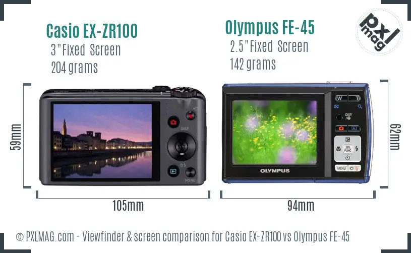 Casio EX-ZR100 vs Olympus FE-45 Screen and Viewfinder comparison