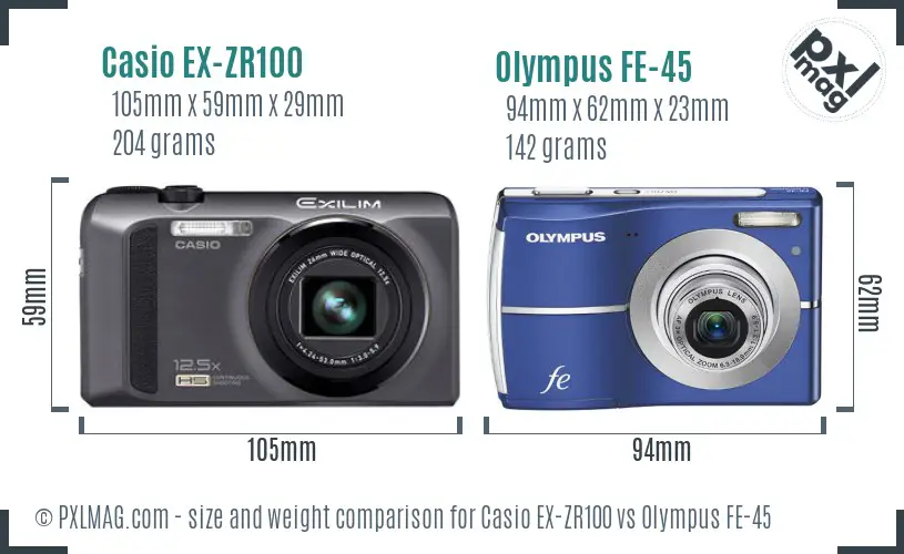 Casio EX-ZR100 vs Olympus FE-45 size comparison