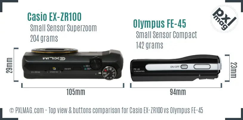 Casio EX-ZR100 vs Olympus FE-45 top view buttons comparison