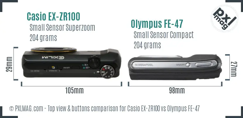 Casio EX-ZR100 vs Olympus FE-47 top view buttons comparison