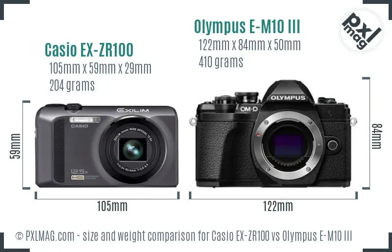 Casio EX-ZR100 vs Olympus E-M10 III size comparison