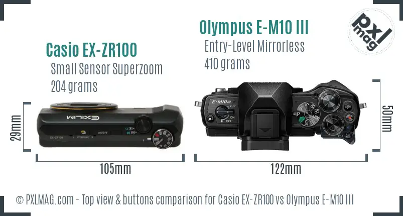 Casio EX-ZR100 vs Olympus E-M10 III top view buttons comparison