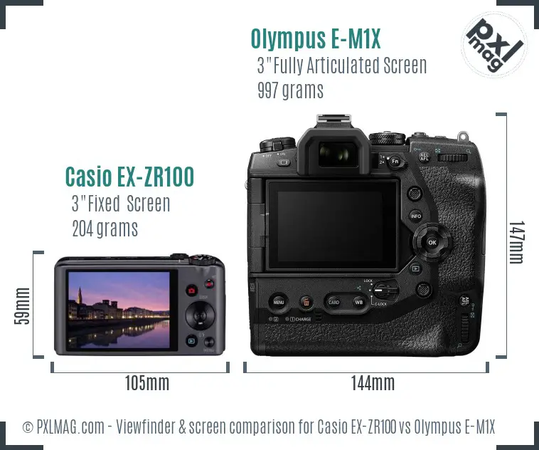 Casio EX-ZR100 vs Olympus E-M1X Screen and Viewfinder comparison