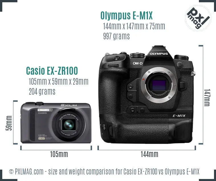 Casio EX-ZR100 vs Olympus E-M1X size comparison