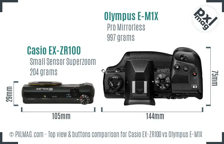 Casio EX-ZR100 vs Olympus E-M1X top view buttons comparison