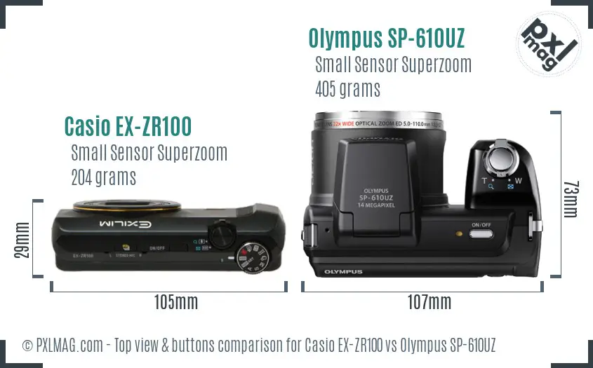 Casio EX-ZR100 vs Olympus SP-610UZ top view buttons comparison