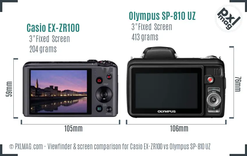 Casio EX-ZR100 vs Olympus SP-810 UZ Screen and Viewfinder comparison
