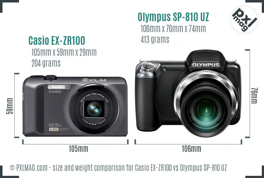 Casio EX-ZR100 vs Olympus SP-810 UZ size comparison