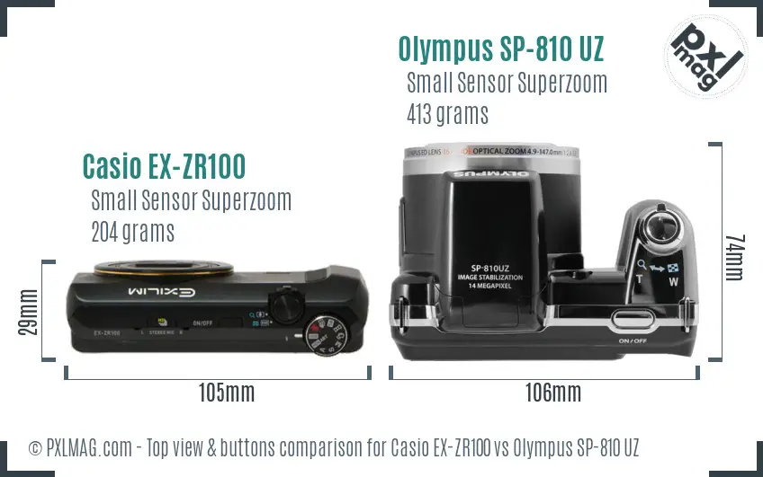Casio EX-ZR100 vs Olympus SP-810 UZ top view buttons comparison