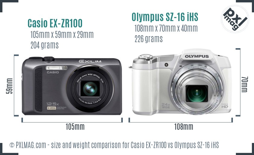 Casio EX-ZR100 vs Olympus SZ-16 iHS size comparison