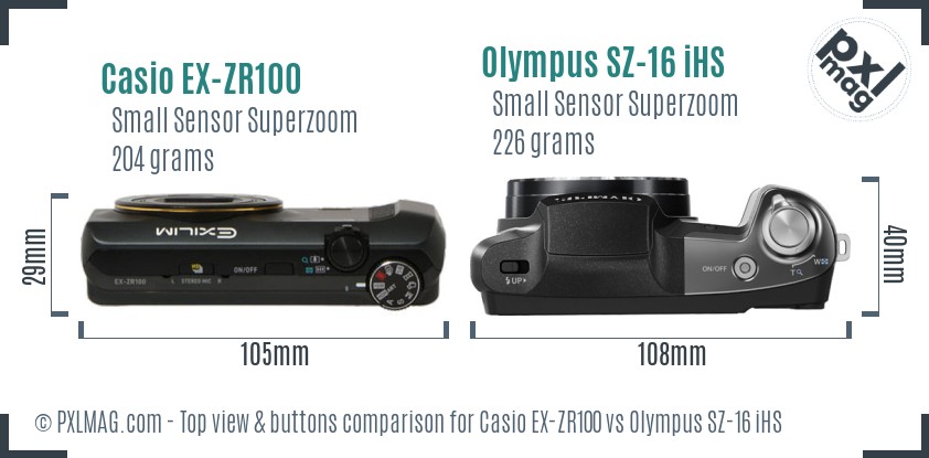 Casio EX-ZR100 vs Olympus SZ-16 iHS top view buttons comparison
