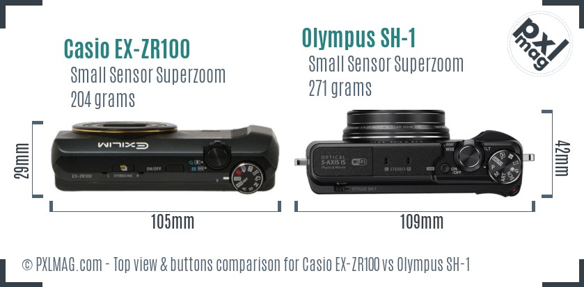 Casio EX-ZR100 vs Olympus SH-1 top view buttons comparison