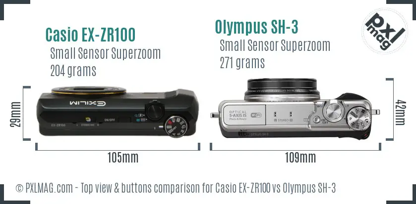 Casio EX-ZR100 vs Olympus SH-3 top view buttons comparison
