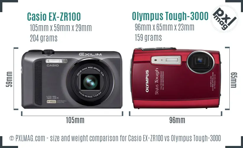 Casio EX-ZR100 vs Olympus Tough-3000 size comparison Casio EX-ZR100 vs Olympus Tough-3000 size comparison