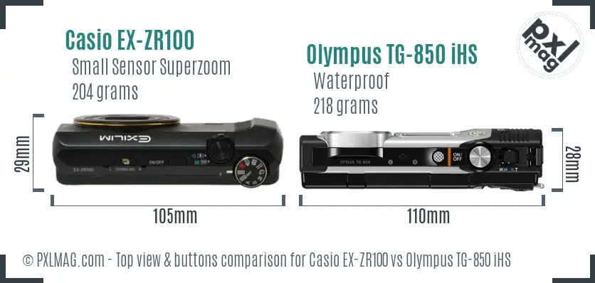 Casio EX-ZR100 vs Olympus TG-850 iHS top view buttons comparison Casio EX-ZR100 vs Olympus TG-850 iHS top view buttons comparison