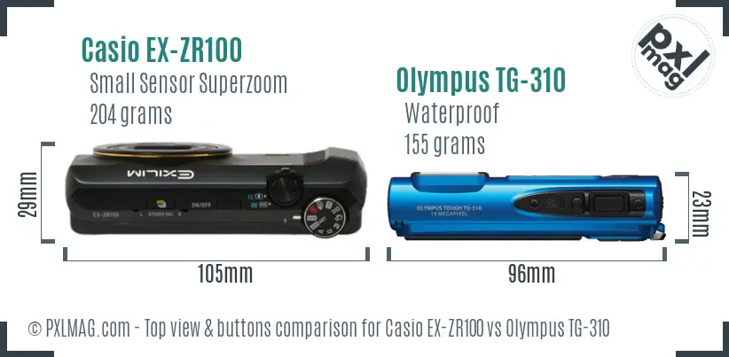 Casio EX-ZR100 vs Olympus TG-310 top view buttons comparison Casio EX-ZR100 vs Olympus TG-310 top view buttons comparison