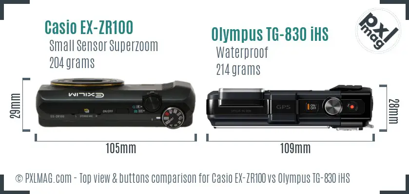 Casio EX-ZR100 vs Olympus TG-830 iHS top view buttons comparison Casio EX-ZR100 vs Olympus TG-830 iHS top view buttons comparison
