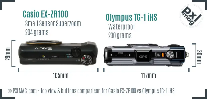 Casio EX-ZR100 vs Olympus TG-1 iHS top view buttons comparison Casio EX-ZR100 vs Olympus TG-1 iHS top view buttons comparison