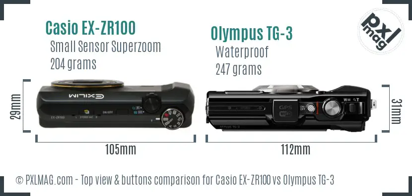 Casio EX-ZR100 vs Olympus TG-3 top view buttons comparison Casio EX-ZR100 vs Olympus TG-3 top view buttons comparison