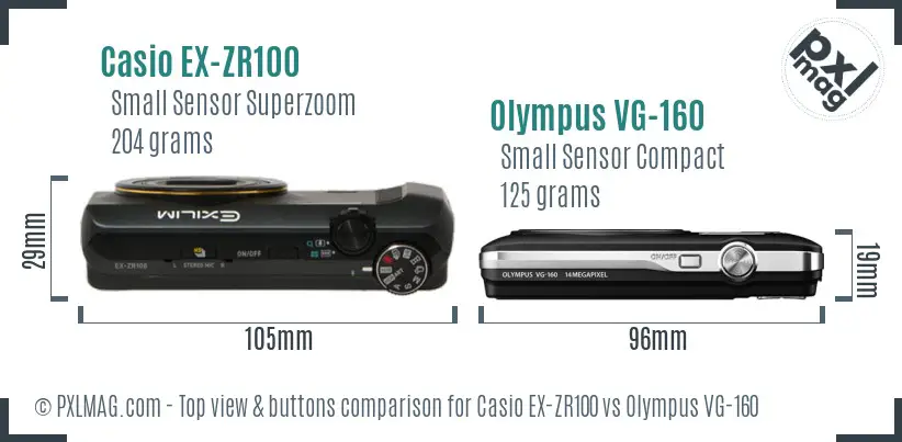 Casio EX-ZR100 vs Olympus VG-160 top view buttons comparison Casio EX-ZR100 vs Olympus VG-160 top view buttons comparison