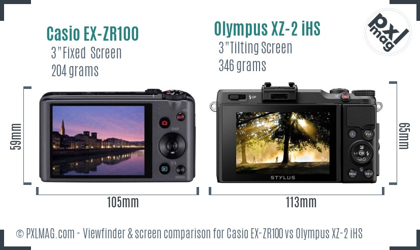 Casio EX-ZR100 vs Olympus XZ-2 iHS Screen and Viewfinder comparison