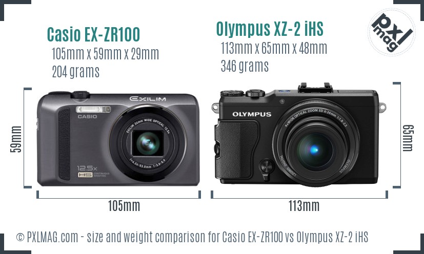 Casio EX-ZR100 vs Olympus XZ-2 iHS size comparison Casio EX-ZR100 vs Olympus XZ-2 iHS size comparison