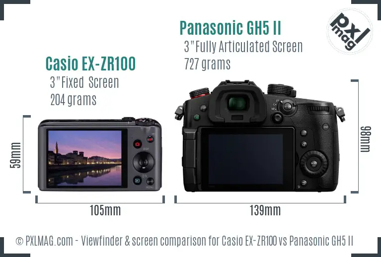 Casio EX-ZR100 vs Panasonic GH5 II Screen and Viewfinder comparison