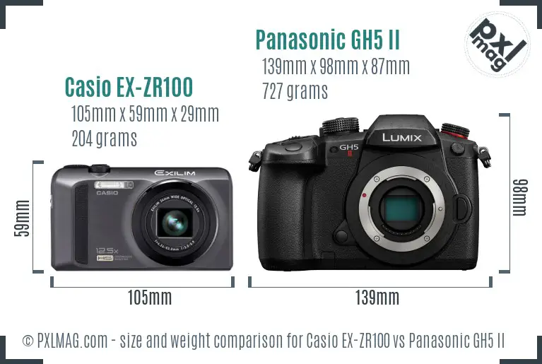Casio EX-ZR100 vs Panasonic GH5 II size comparison