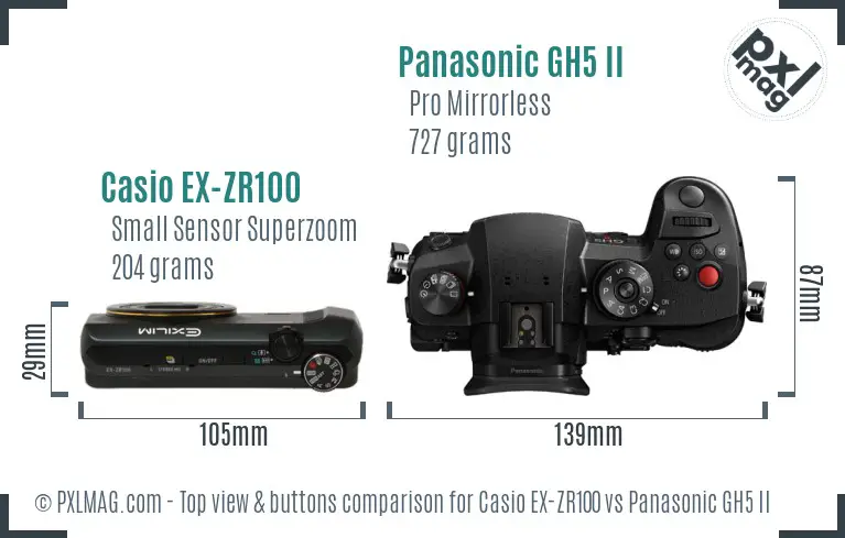 Casio EX-ZR100 vs Panasonic GH5 II top view buttons comparison