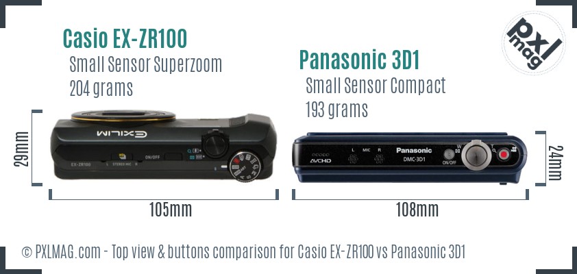 Casio EX-ZR100 vs Panasonic 3D1 top view buttons comparison