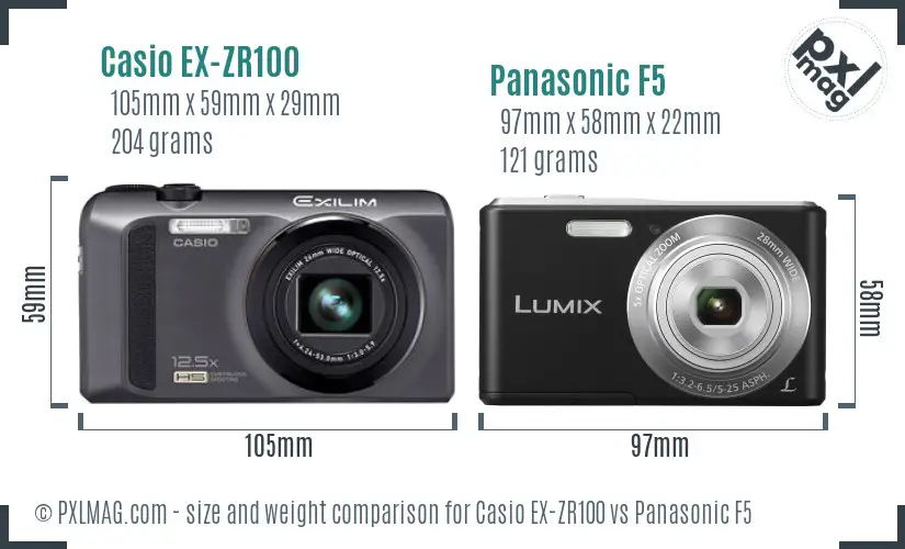 Casio EX-ZR100 vs Panasonic F5 size comparison