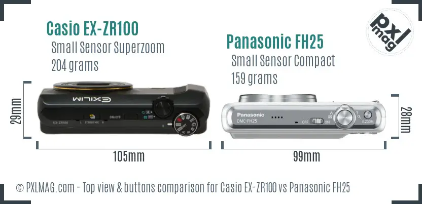 Casio EX-ZR100 vs Panasonic FH25 top view buttons comparison Casio EX-ZR100 vs Panasonic FH25 top view buttons comparison