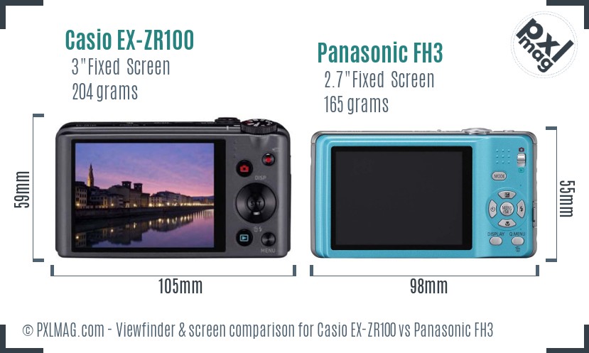 Casio EX-ZR100 vs Panasonic FH3 Screen and Viewfinder comparison