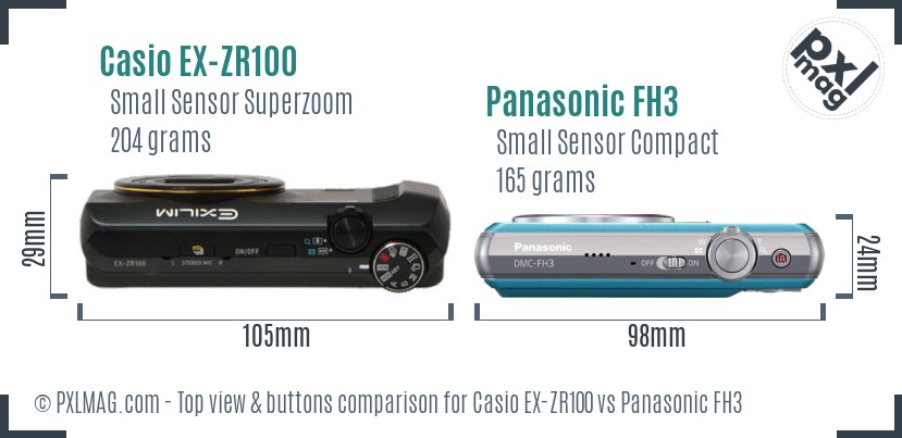 Casio EX-ZR100 vs Panasonic FH3 top view buttons comparison